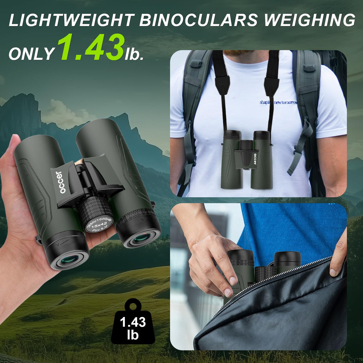 occer binoculars beside a hand showing compact lightweight 1.43lb travel benefit