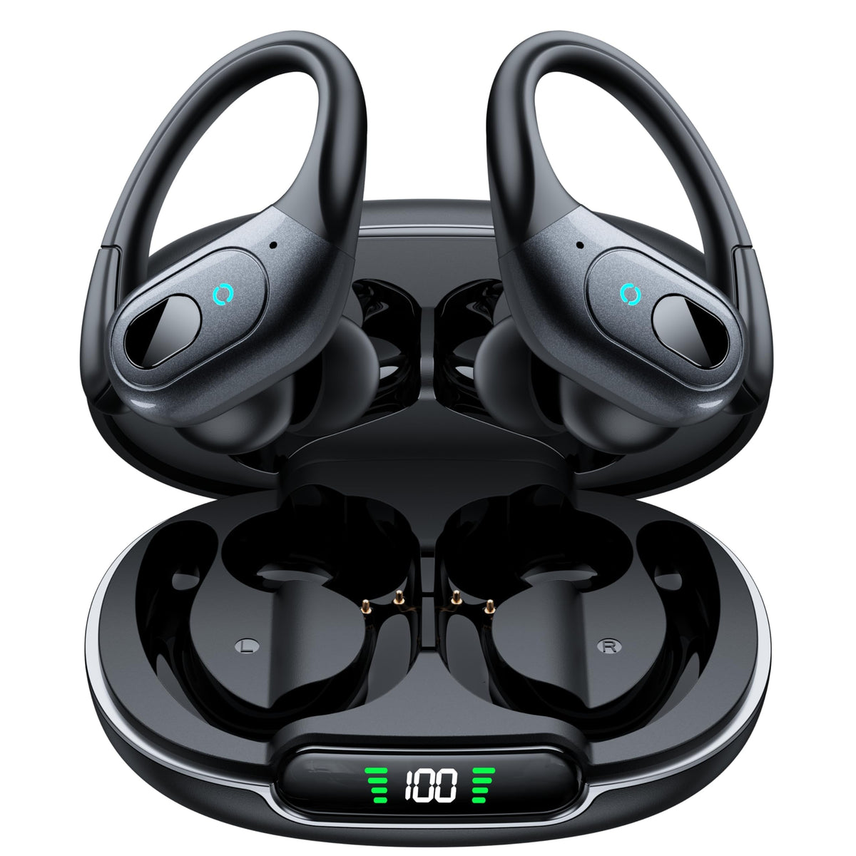 occiam ANC earbuds in charging case with convenient pairing and charging.