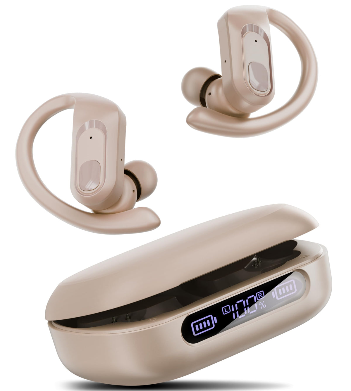 occiam front view of charging case and earbuds shows portability and long battery