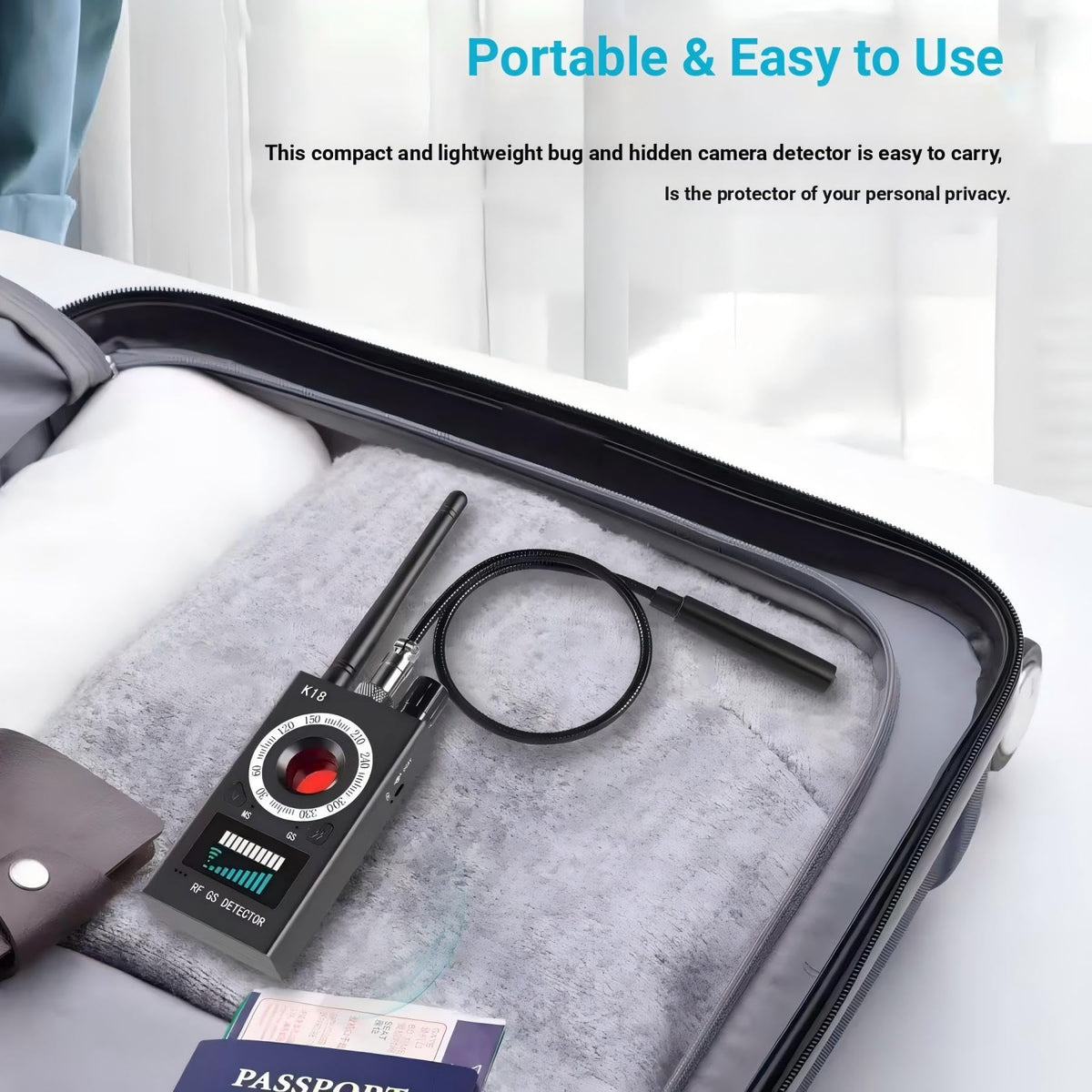 Ocdonor scanning a hotel room to locate hidden cameras and trackers