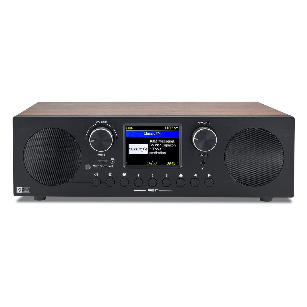 Ocean Digital WR-800 wooden casing in black adds warm aesthetics.