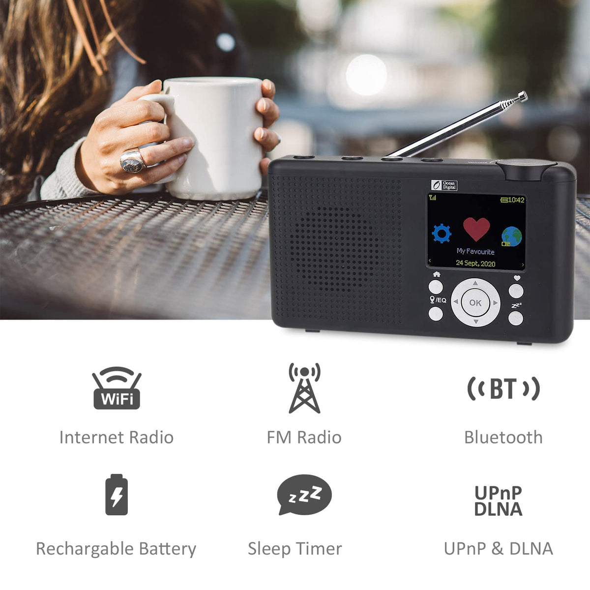 Ocean Digital WR-23F built-in battery indicator shows charging status at a glance.