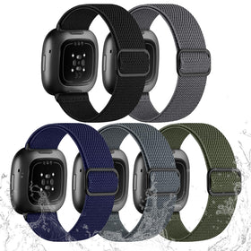 Odbeai Versa 3/4 and Sense stretchy nylon band in navy for comfortable all-day wear.