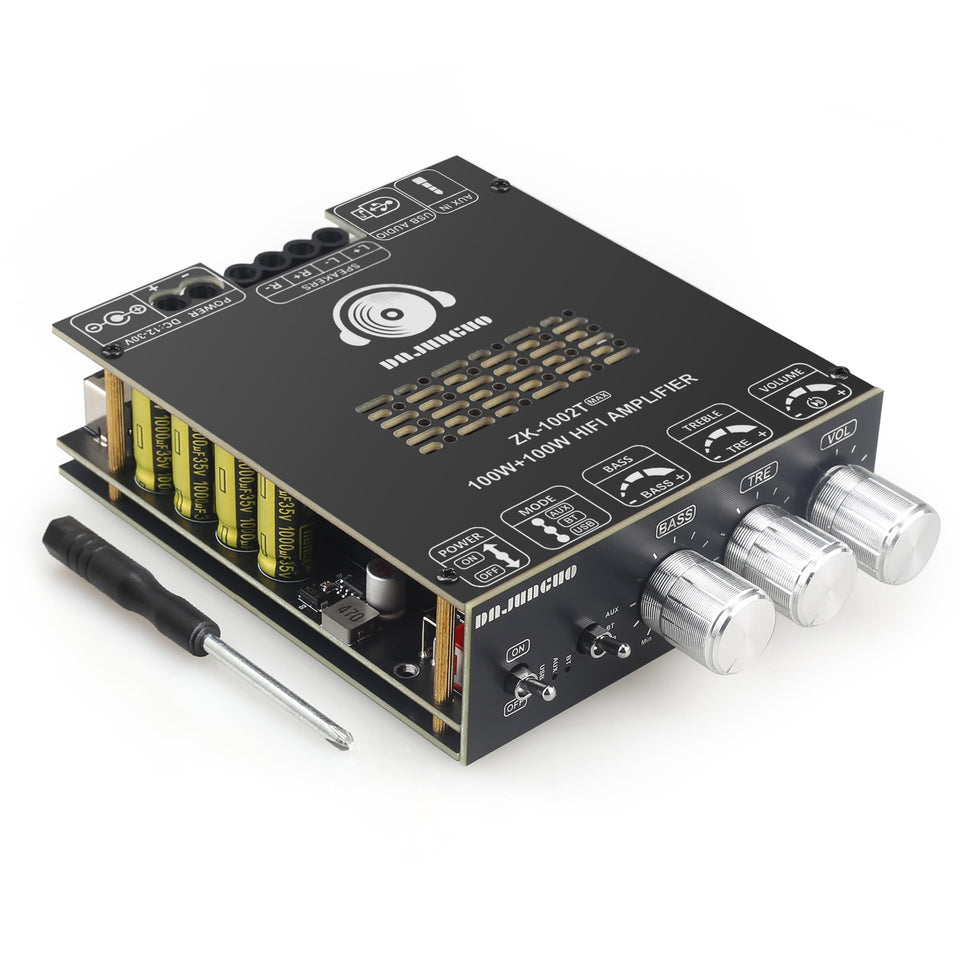 ODEKTOOY amplifier front angle showing layout and compact benefits