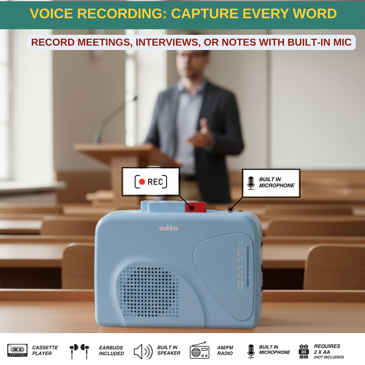ODEO AM/FM radio feature for on-the-go listening.