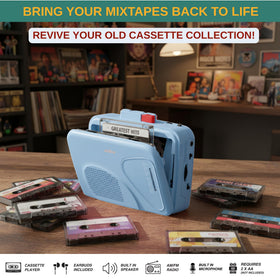 ODEO cassette player side view showing detachable belt clip for travel.