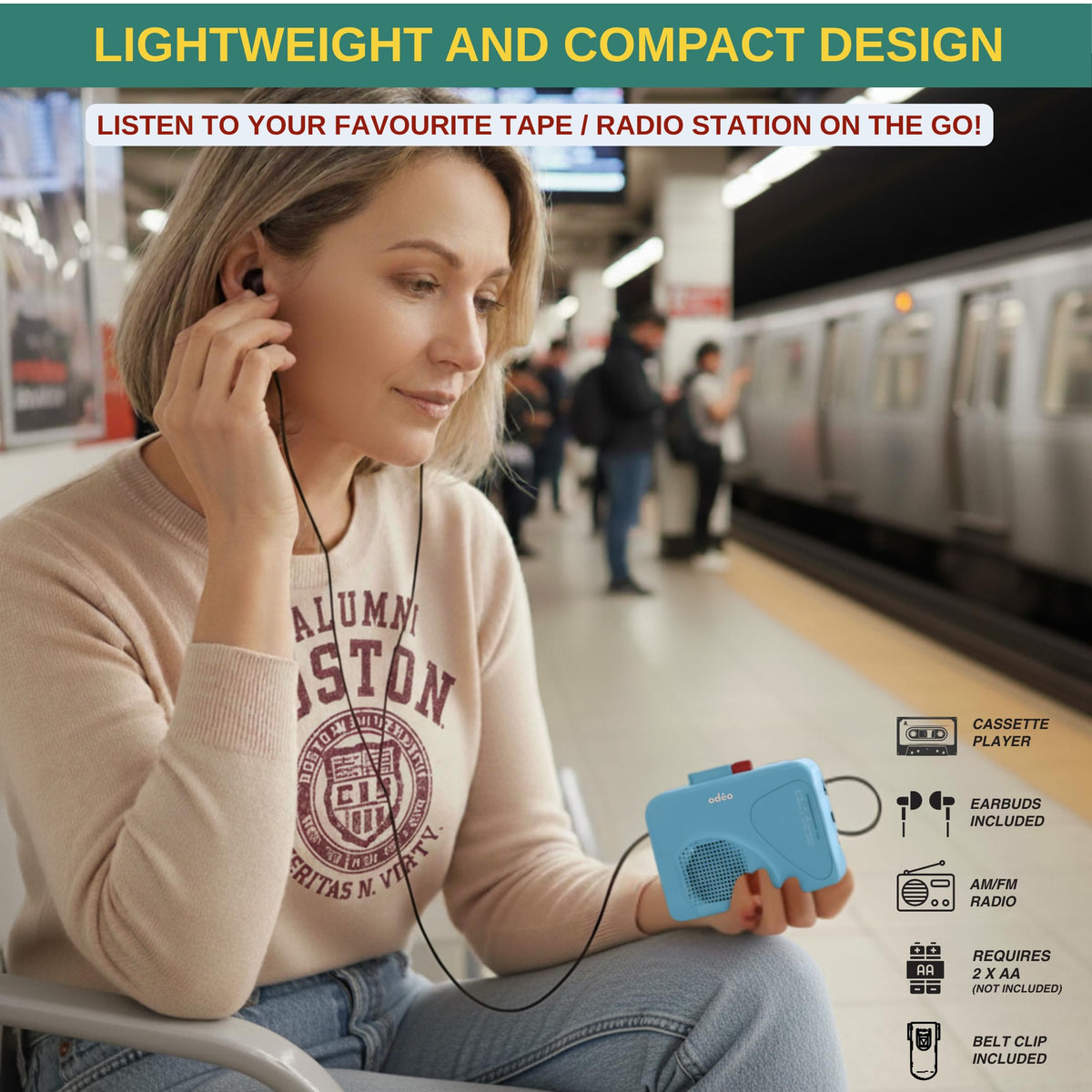 ODEO cassette player powered by USB for flexible, cordless use.