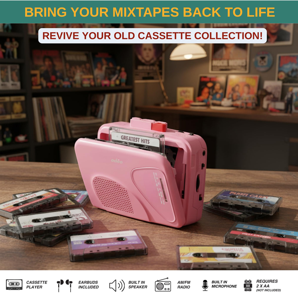 ODEO cassette tape player side view with detachable belt clip for travel