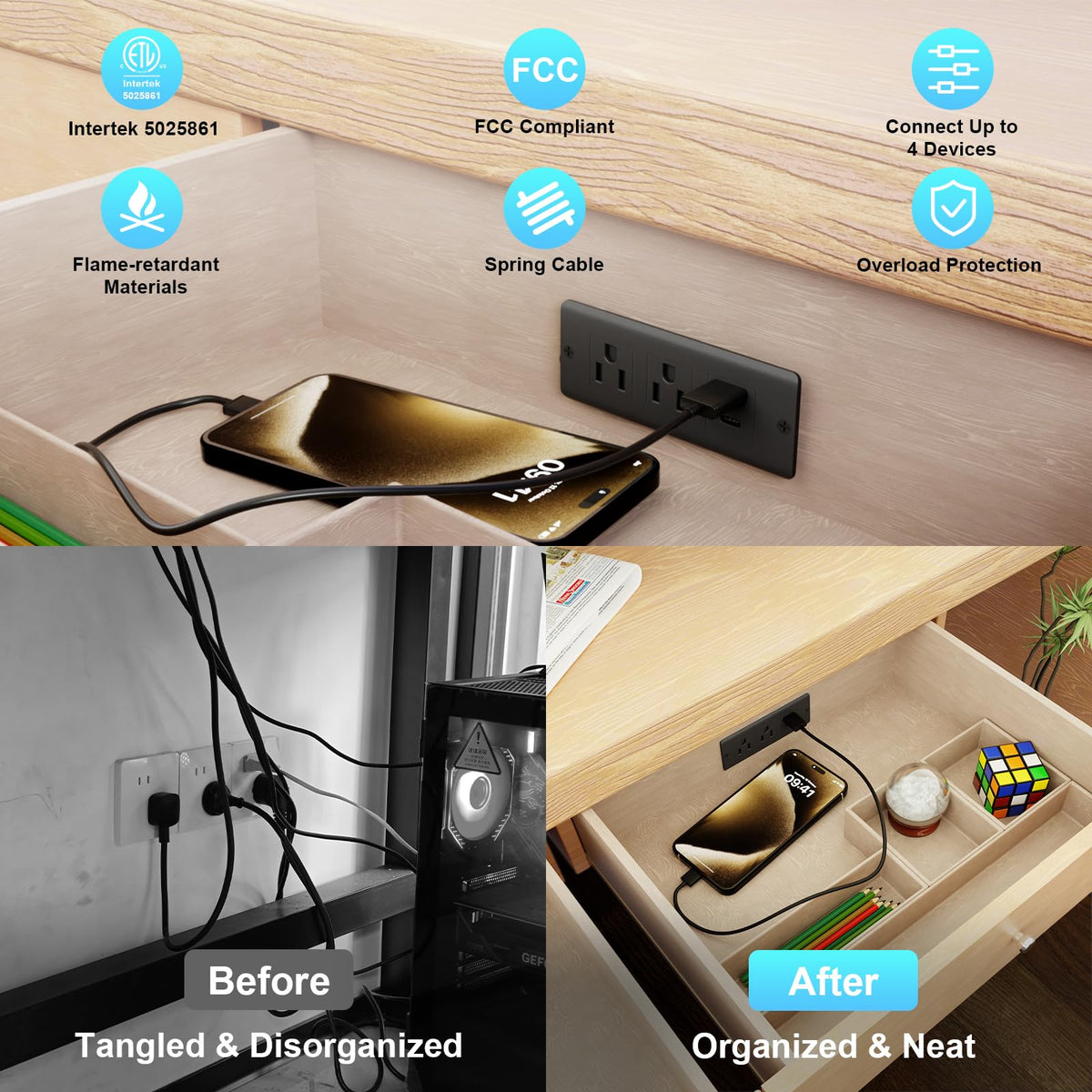 OELFFOW AC outlets and USB ports top view for multi-device charging
