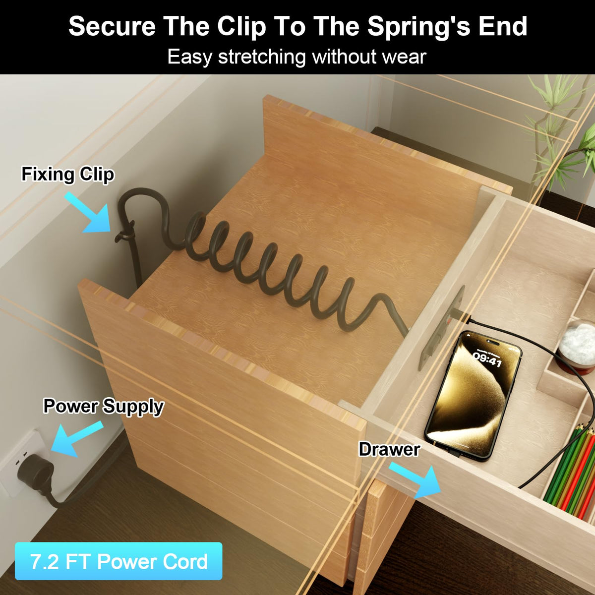 OELFFOW spring cable extended showing flexible 7.2 ft reach benefit