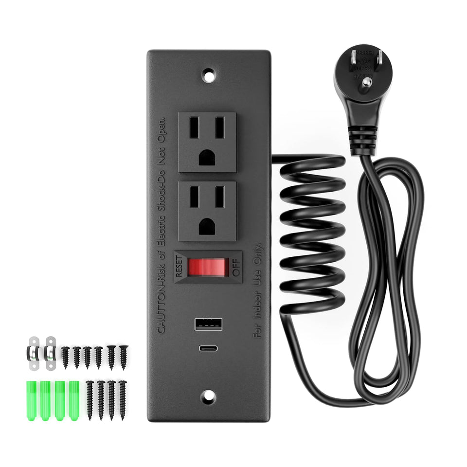 OELFFOW front panel showing outlets and USB ports for tidy charging