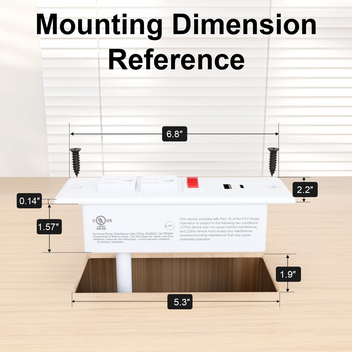 OELFFOW size comparison with ruler showing compact recessed power strip