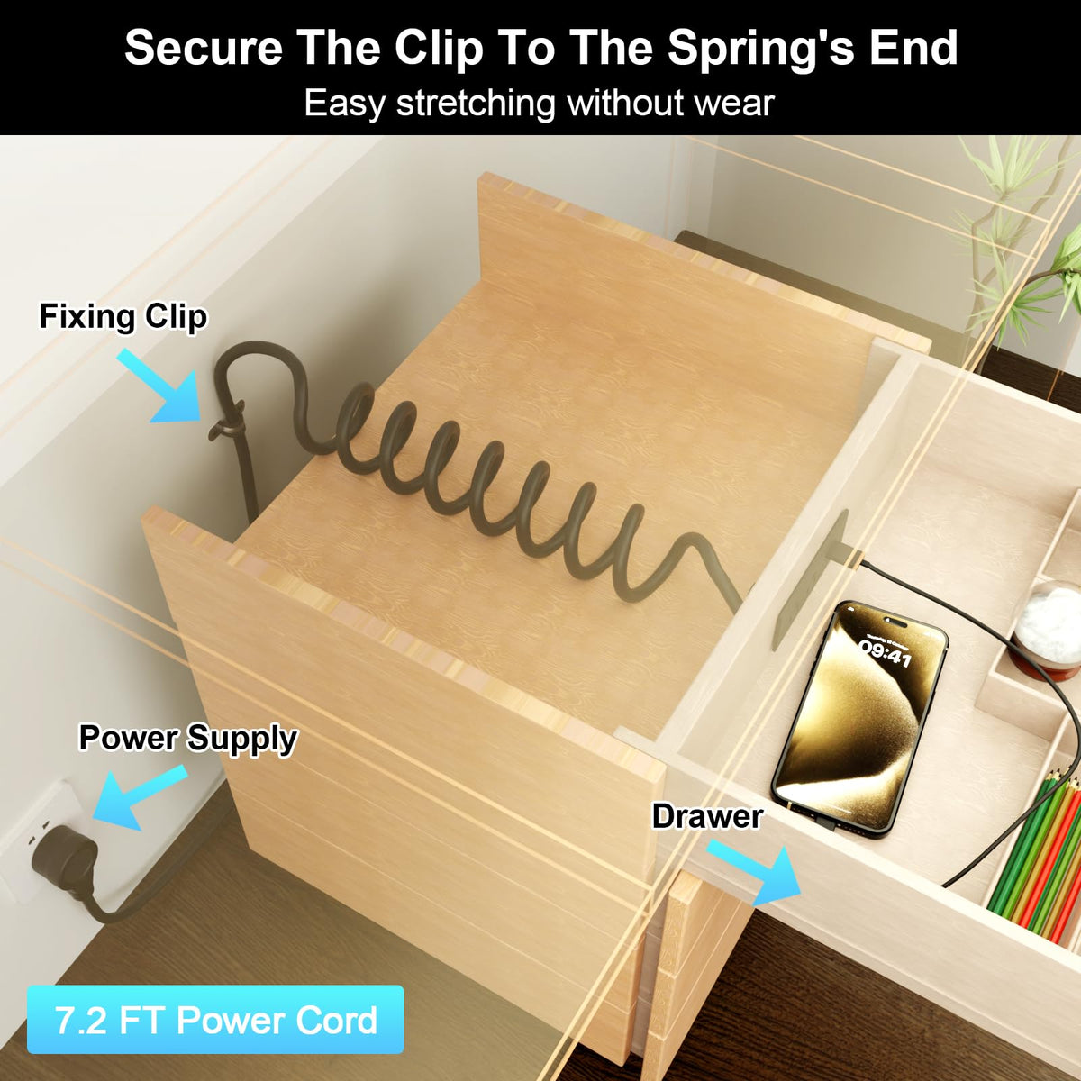 OELFFOW spring cable extended illustrating flexible reach and neatness