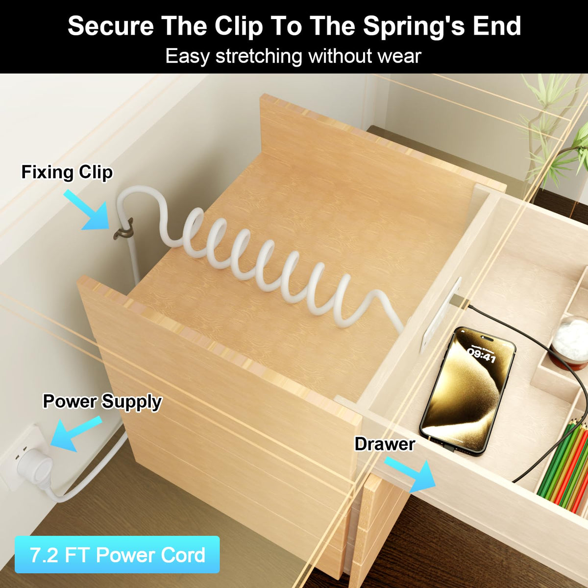 OELFFOW spring cable fully stretched demonstrating 7.2 ft reach for flexible placement