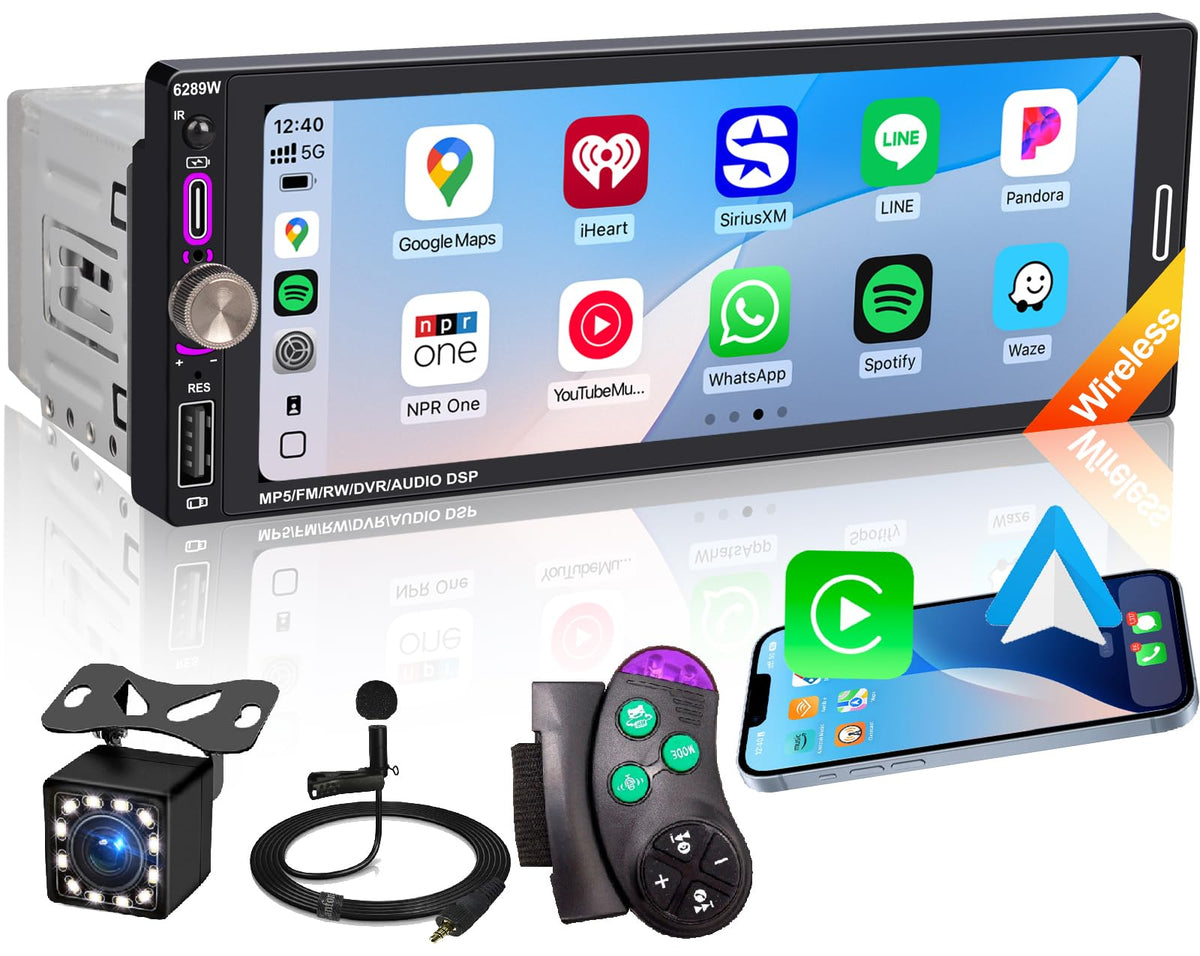 Oeretzrac 6.9-inch single DIN radio front view with vivid touchscreen