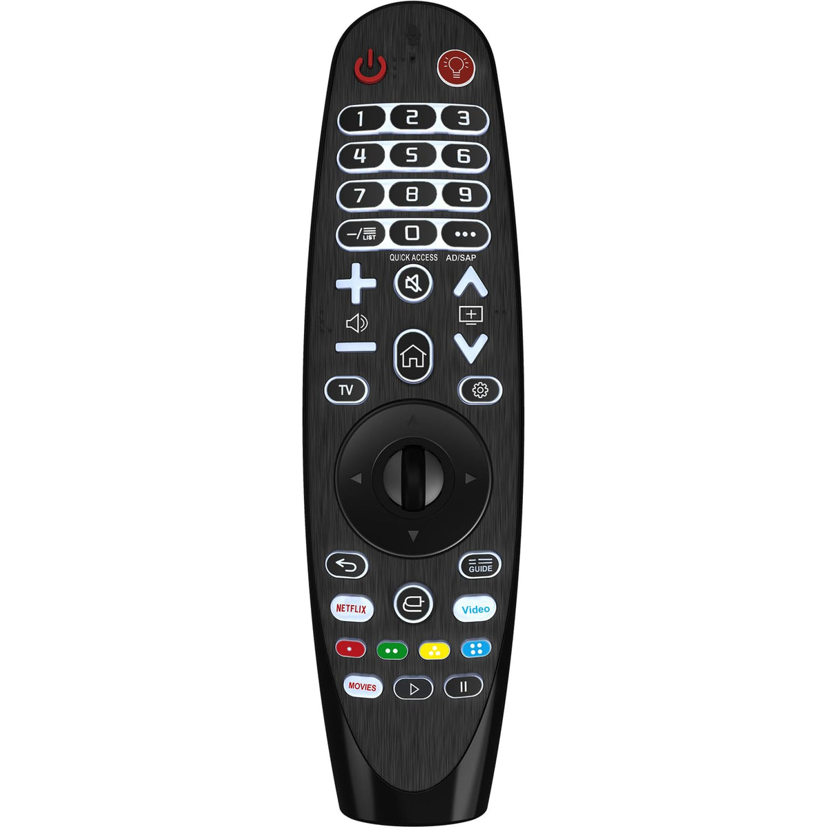 Ogilly universal backlit LG TV remote front view for easy night navigation.