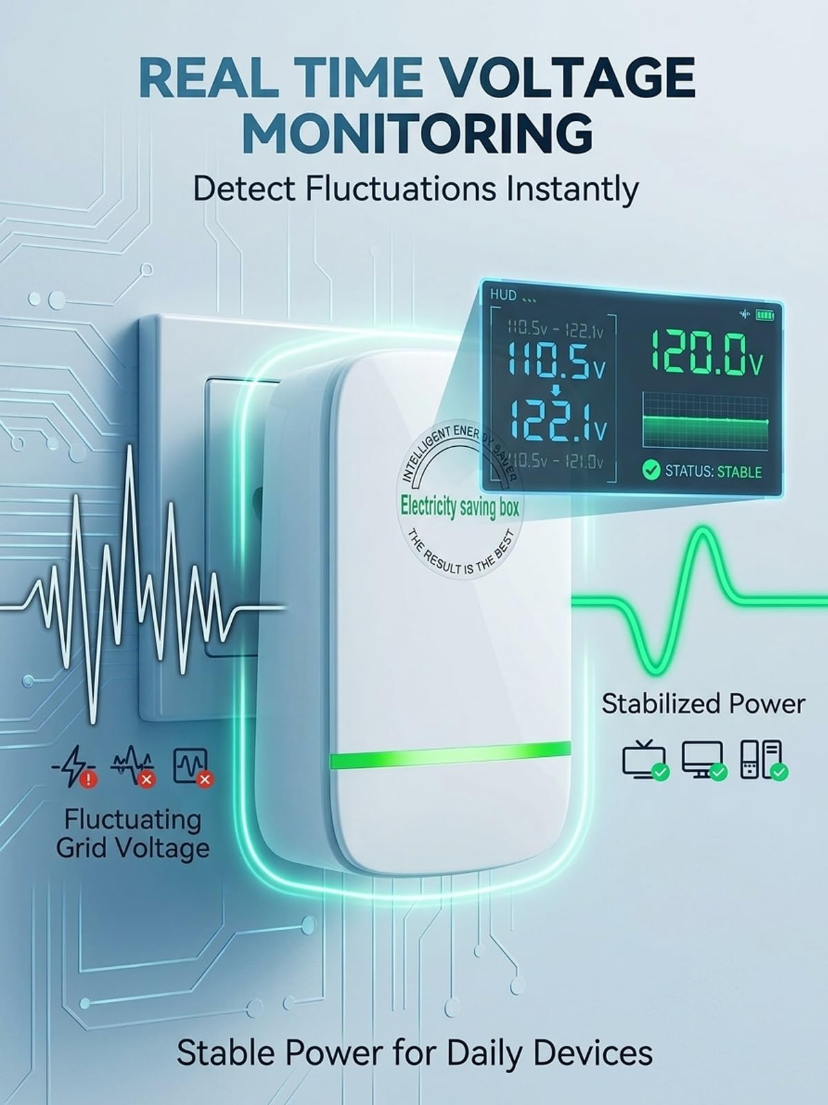 OGTKHRT Energy-saving box side view highlights simple plug-and-play for home office setups.