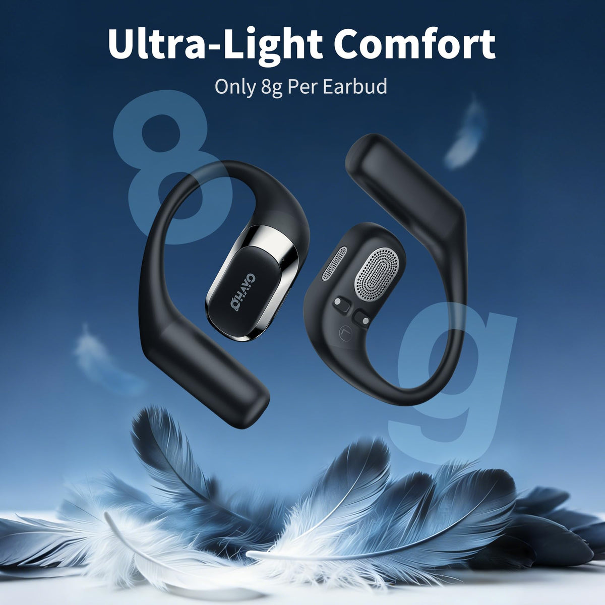 OHAYO T10 next to house key showing 8g per earbud lightness
