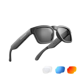 OhO Sunshine smart glasses front view with polarized lenses and open-ear audio for discreet listening.