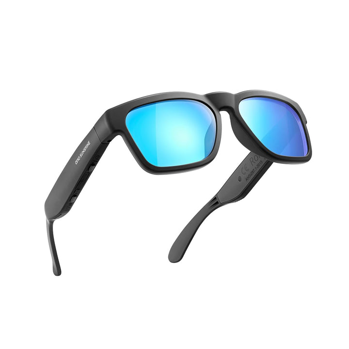 OhO sunshine front view mirror blue lens showing sleek smart sunglasses and protection