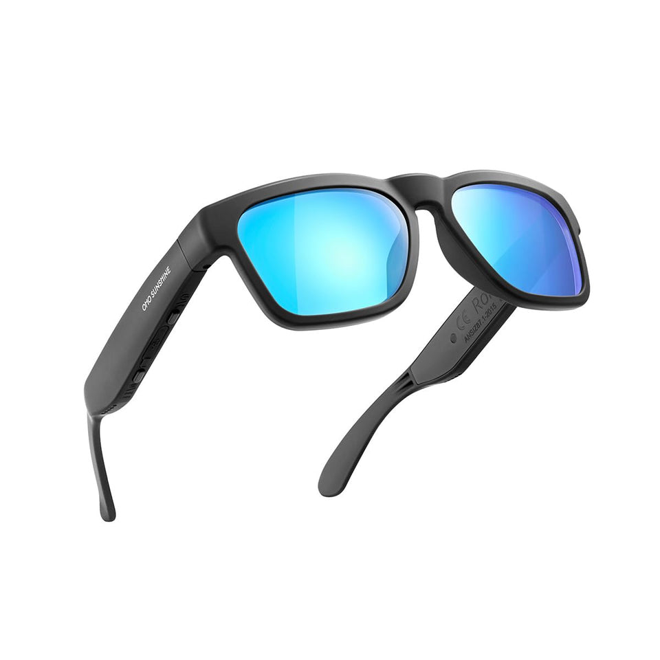 OhO sunshine front view mirror blue lens showing sleek smart sunglasses and protection