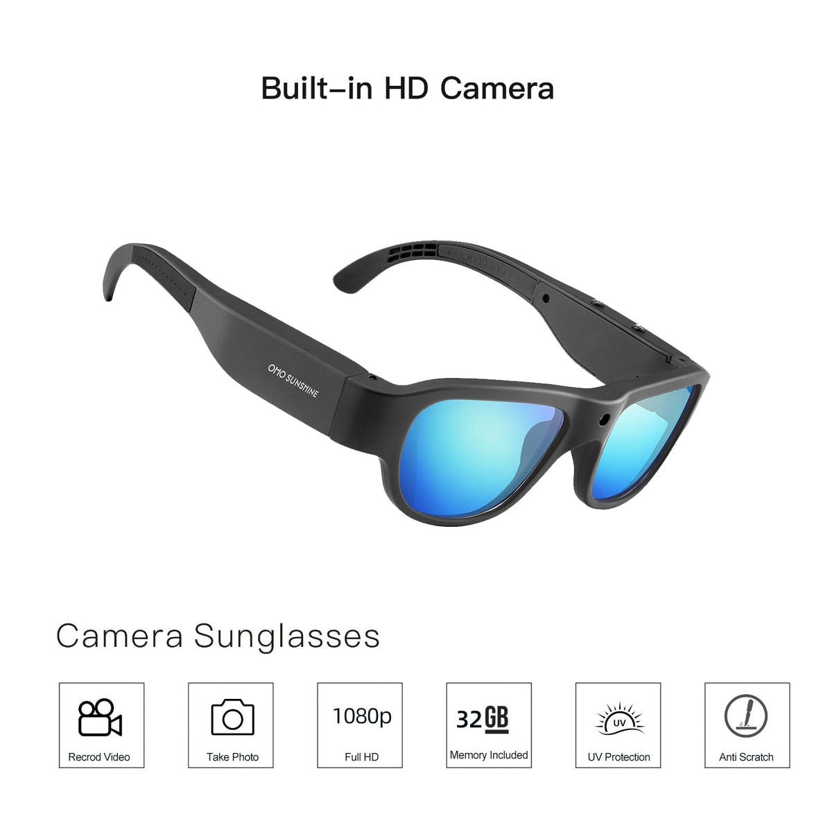OhO sunshine camera sunglasses side view showing sleek unisex frame