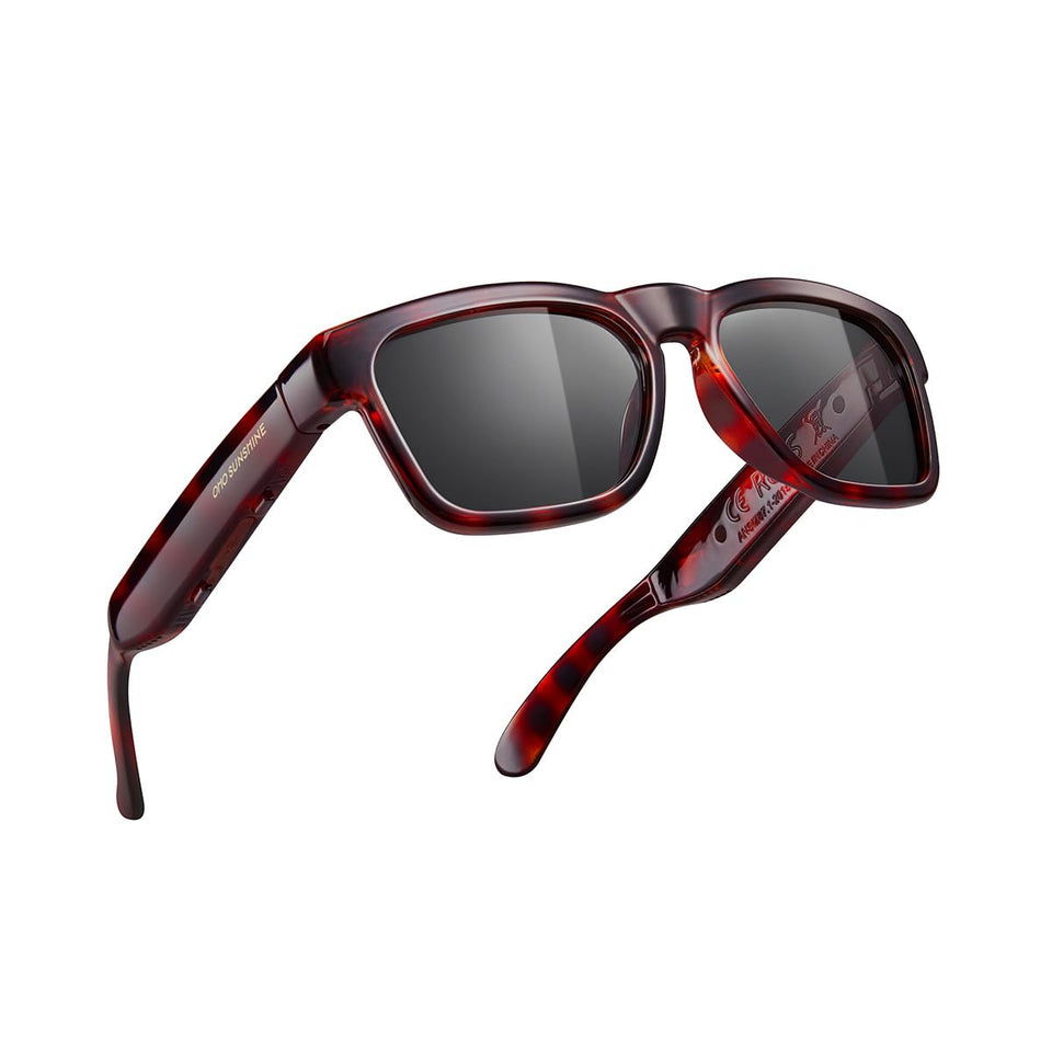 OhO Sunshine smart glasses model wearing grey lens for all-day outdoor comfort.