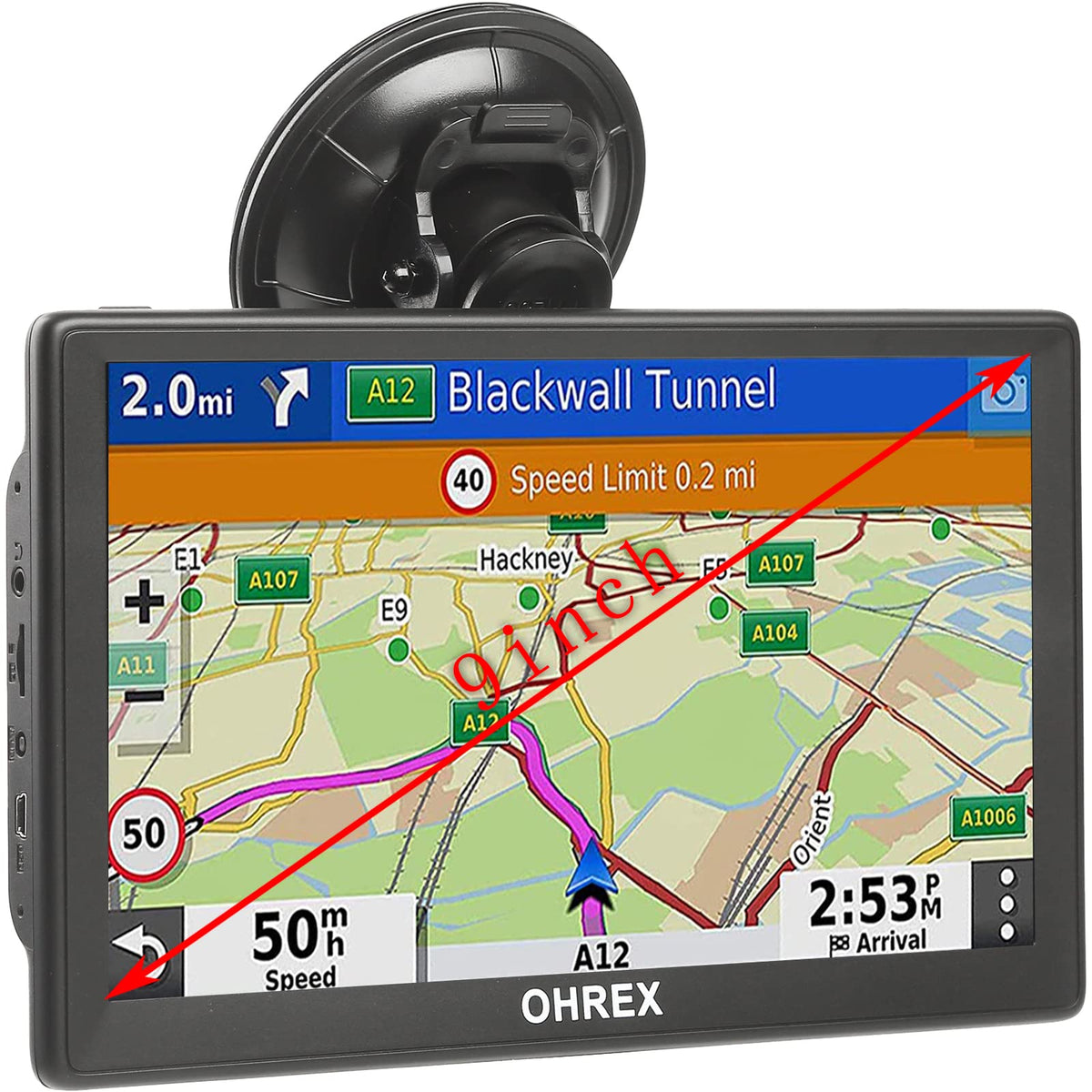 OHREX N900 truck GPS front view with bright 9-inch display for clear navigation.