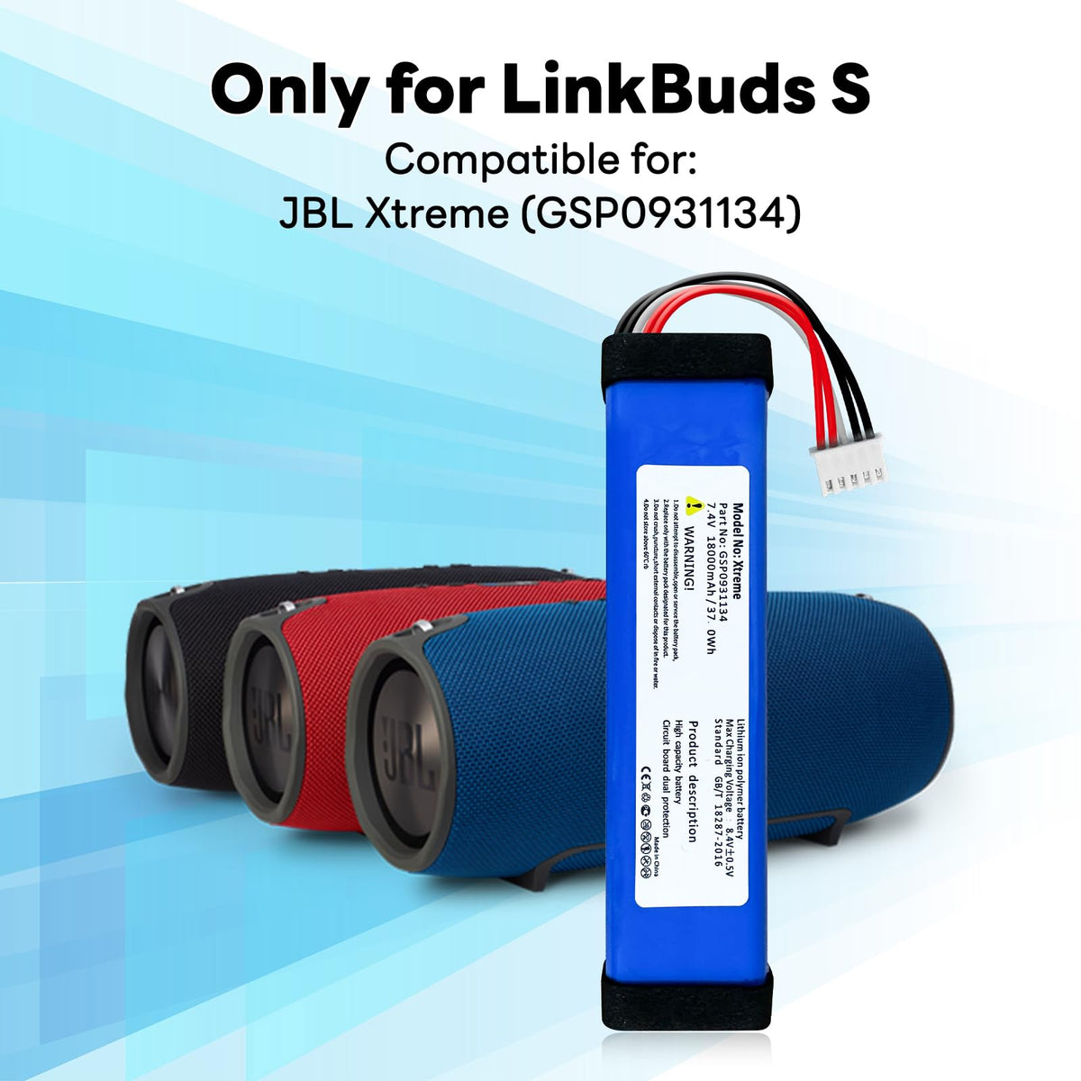 OHZHAO 18000mAh replacement battery for JBL Xtreme, side view emphasizing durable capacity.