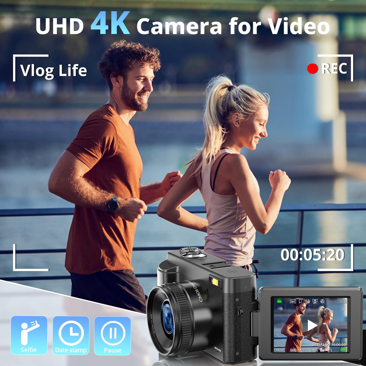 Oiadek 4K camera flip screen 180 display for easy self recording and framing