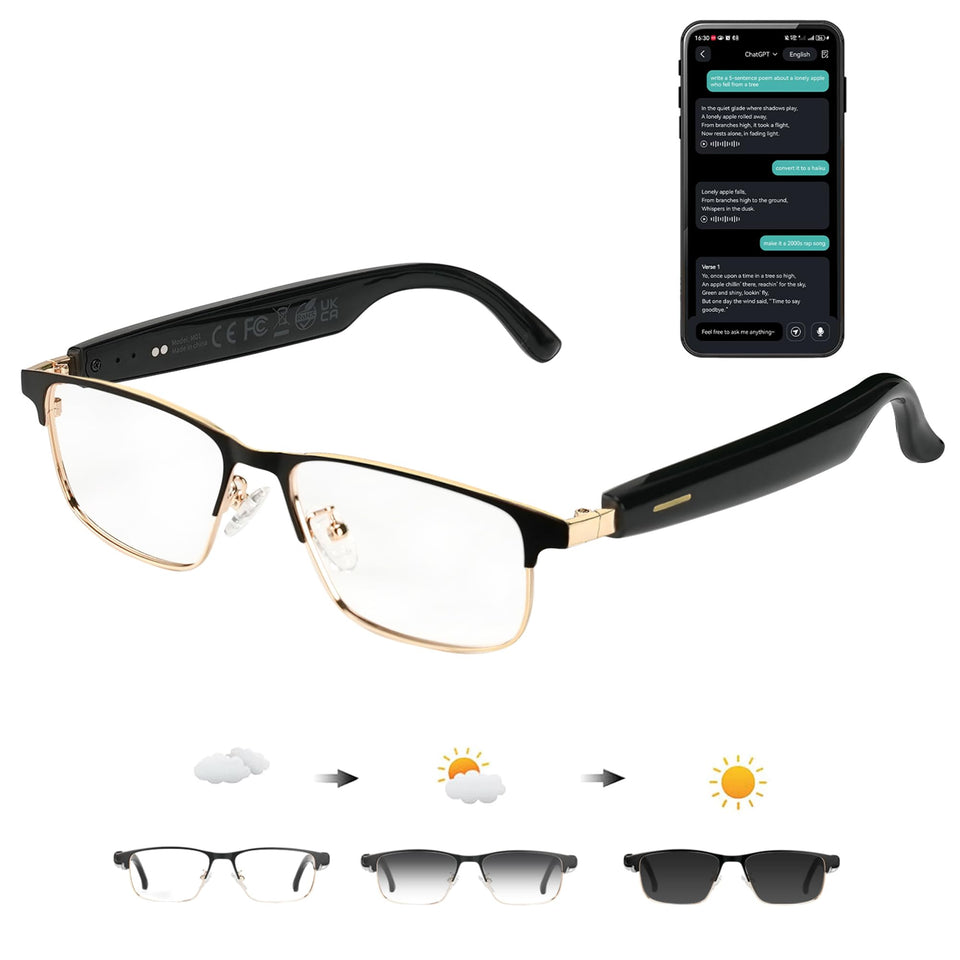 OICIIDO front view of glasses and packaging showing tech features and portability