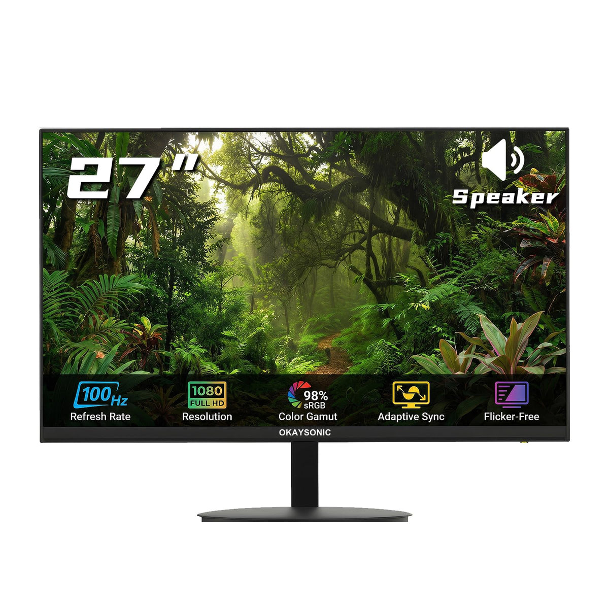 Okaysonic 27-inch frameless monitor with edgeless design for immersive work or gaming.