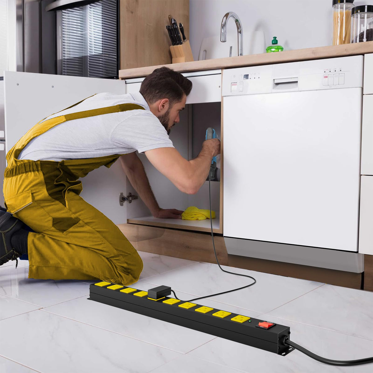 OKCHILD heavy-duty power strip in garage or workshop keeps tools organized