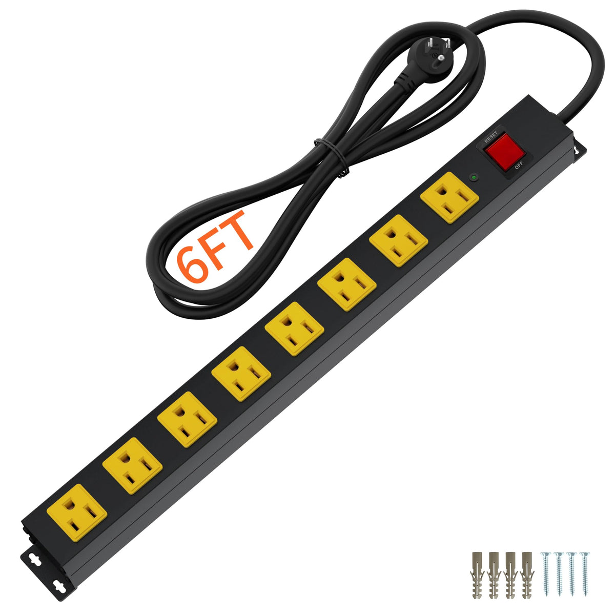 OKCHILD eight-outlet metal power strip with 6 ft cord for garage and workshop setups.