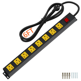 OKCHILD eight-outlet metal power strip with 6 ft cord for garage and workshop setups.
