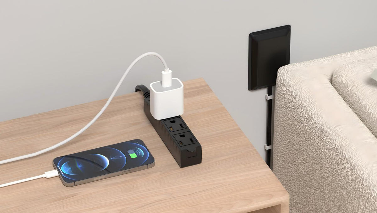 OKCHILD flat plug design keeps outlets accessible while charging.