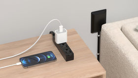 OKCHILD flat plug design keeps outlets accessible while charging.