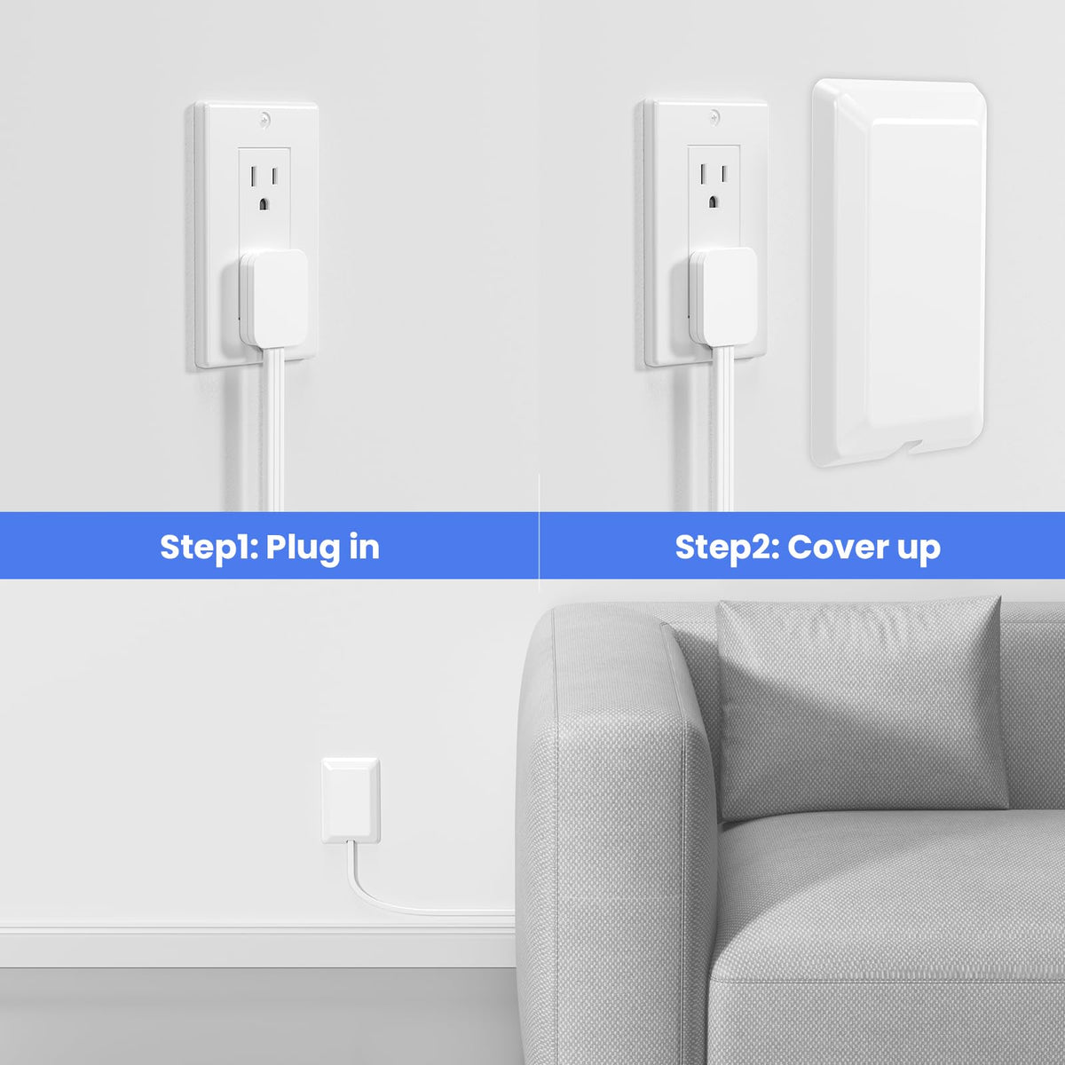 OKCHILD closeup of ultra flat plug showing space saving behind furniture benefit