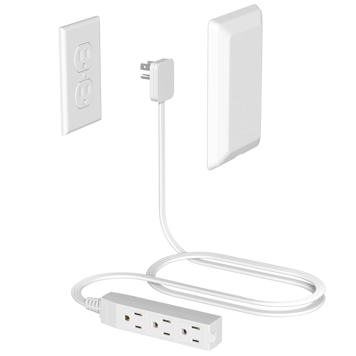 OKCHILD flat plug power strip in white with three outlets for space-saving setups.