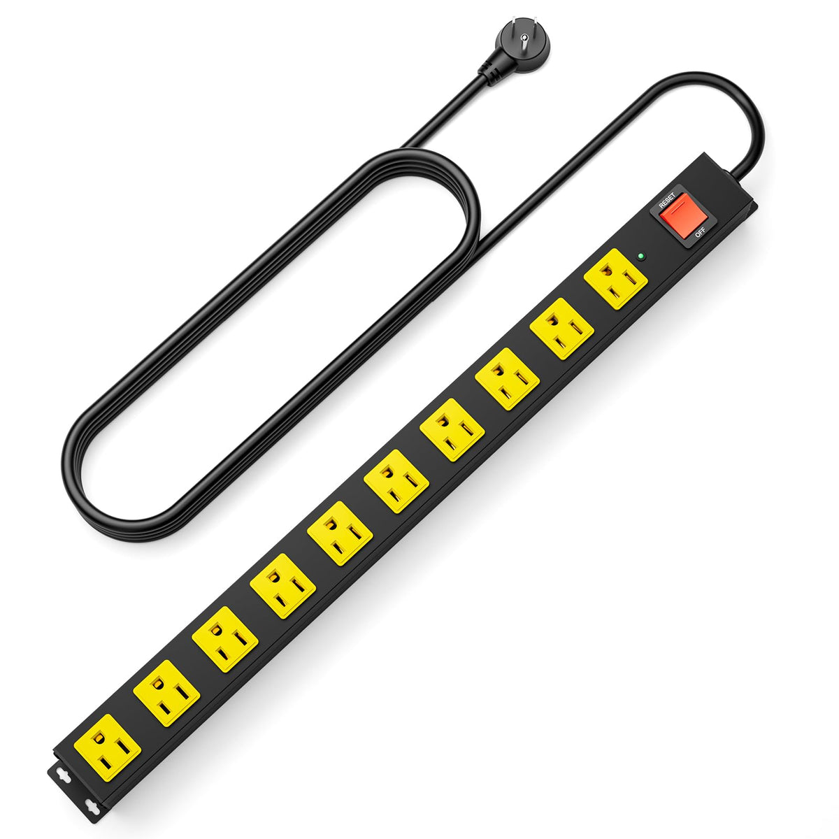 OKCHILD front view metal power strip showing ten wide outlets and durable build for heavy use