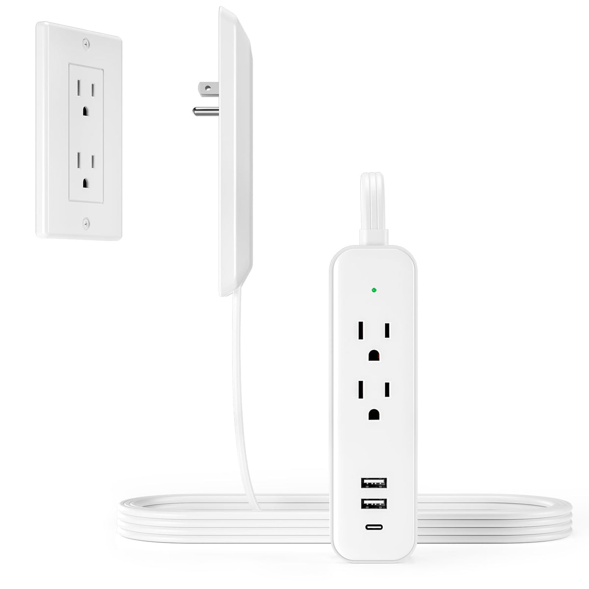OKCHILD front view of slim power strip showing outlets and ports benefiting neat charging