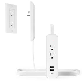 OKCHILD front view of slim power strip showing outlets and ports benefiting neat charging