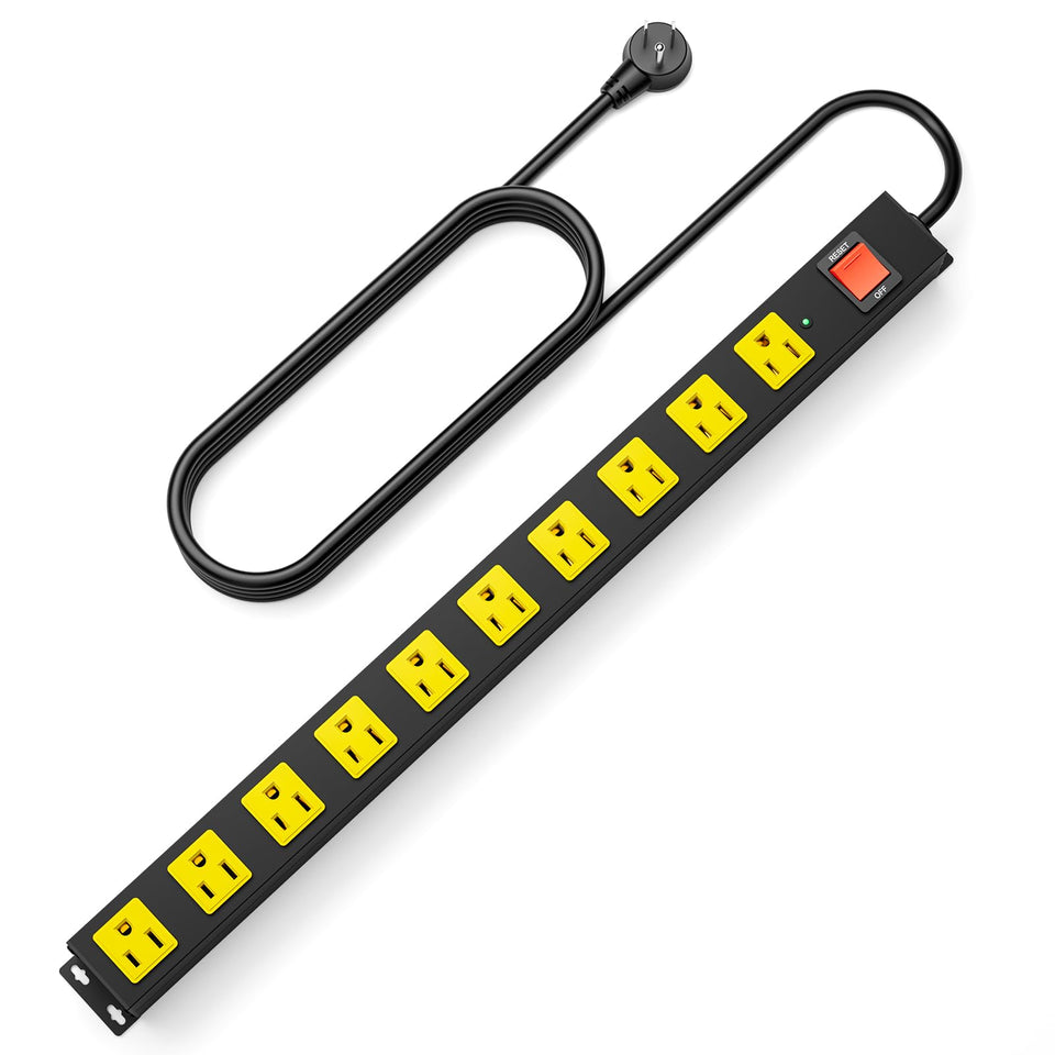 OKCHILD metal power strip front view showing ten outlets and robust housing for durable use