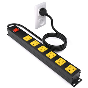 OKCHILD heavy-duty 6-outlet metal power strip with surge protection for workshop use.