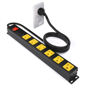 OKCHILD front view of metal 6-outlet strip showing all outlets and mount points, durable layout