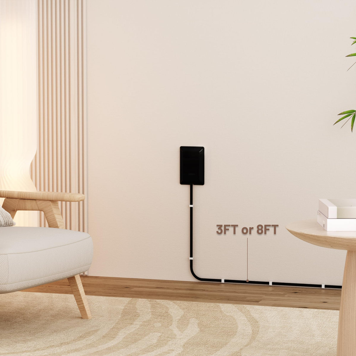 OKCHILD ultra-thin extension cord lies flat along the wall for tidy wiring.