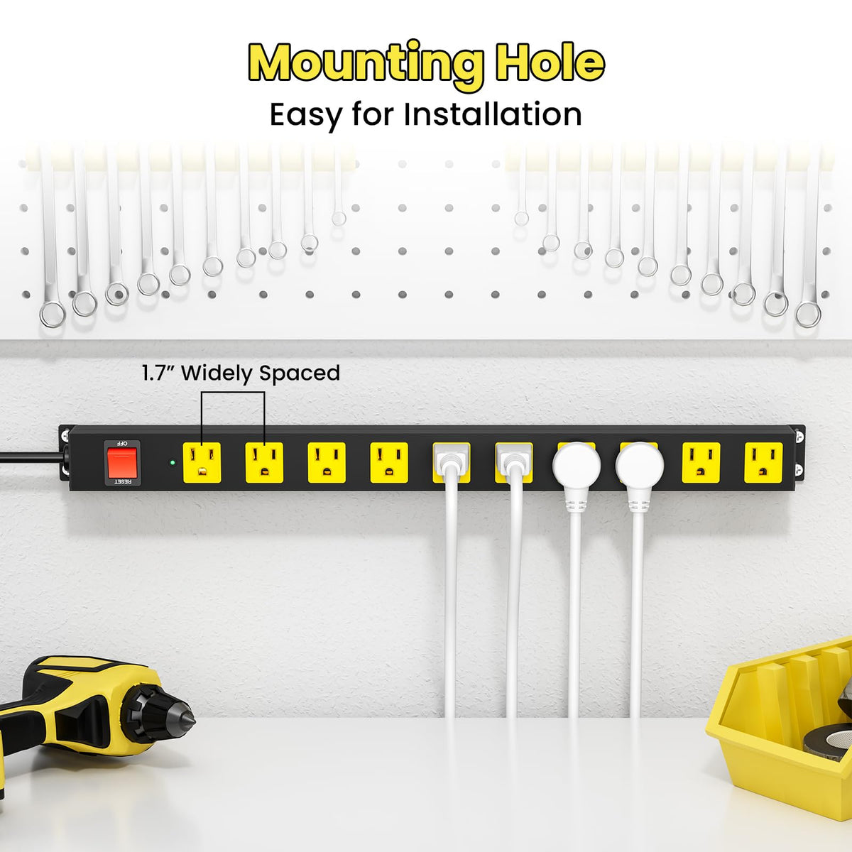 OKCHILD close-up of wide spaced outlets fitting bulky adapters for easy multi-plug use