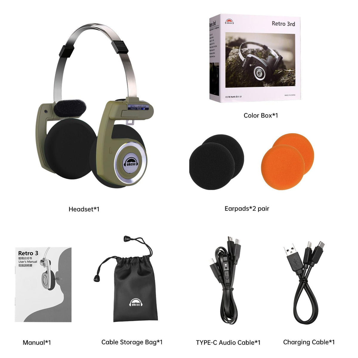 okcsc Classic Portable Headphones swappable ear cushions with randomized colors for playful personalization.