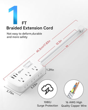 Okleeic power strip with 6 outlets and 3 USB ports for multiple devices.