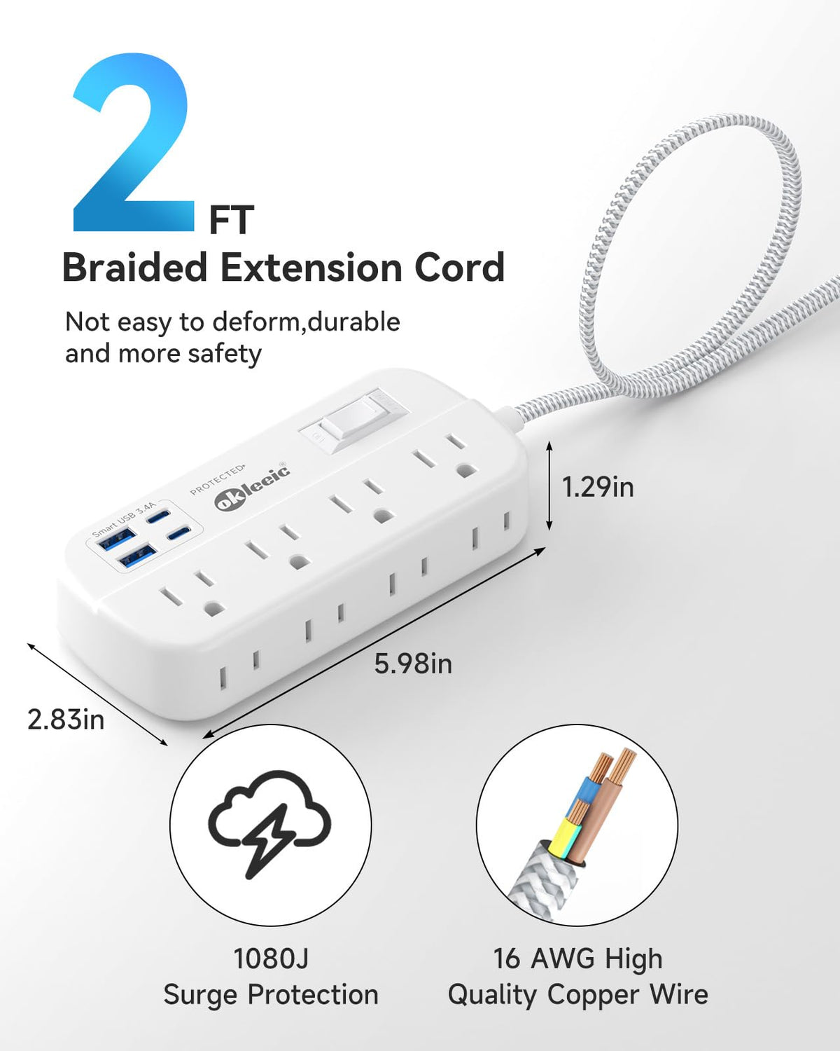 Okleeic 8-outlet power strip with 4 USB ports keeps multiple devices charged
